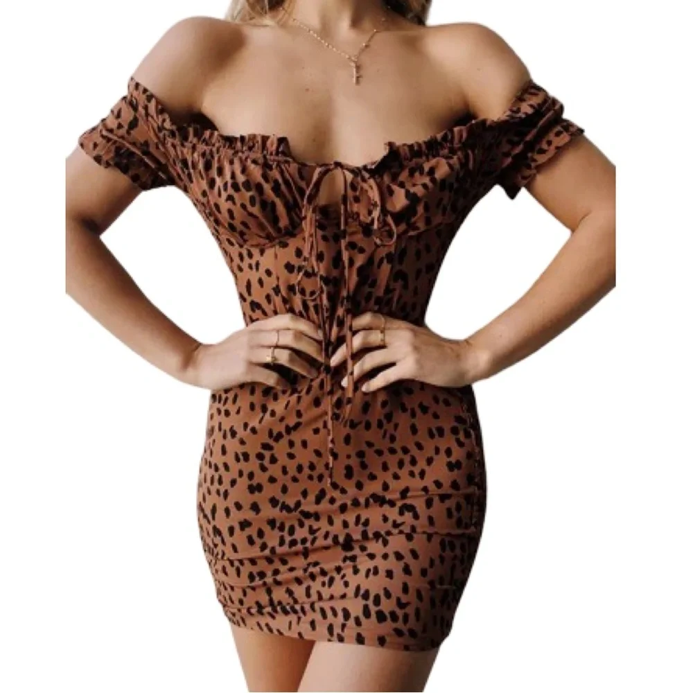 O. Vianca Rust Animal Print Smocked Mini Dress Off shoulder Small Summer - Picture 8 of 9